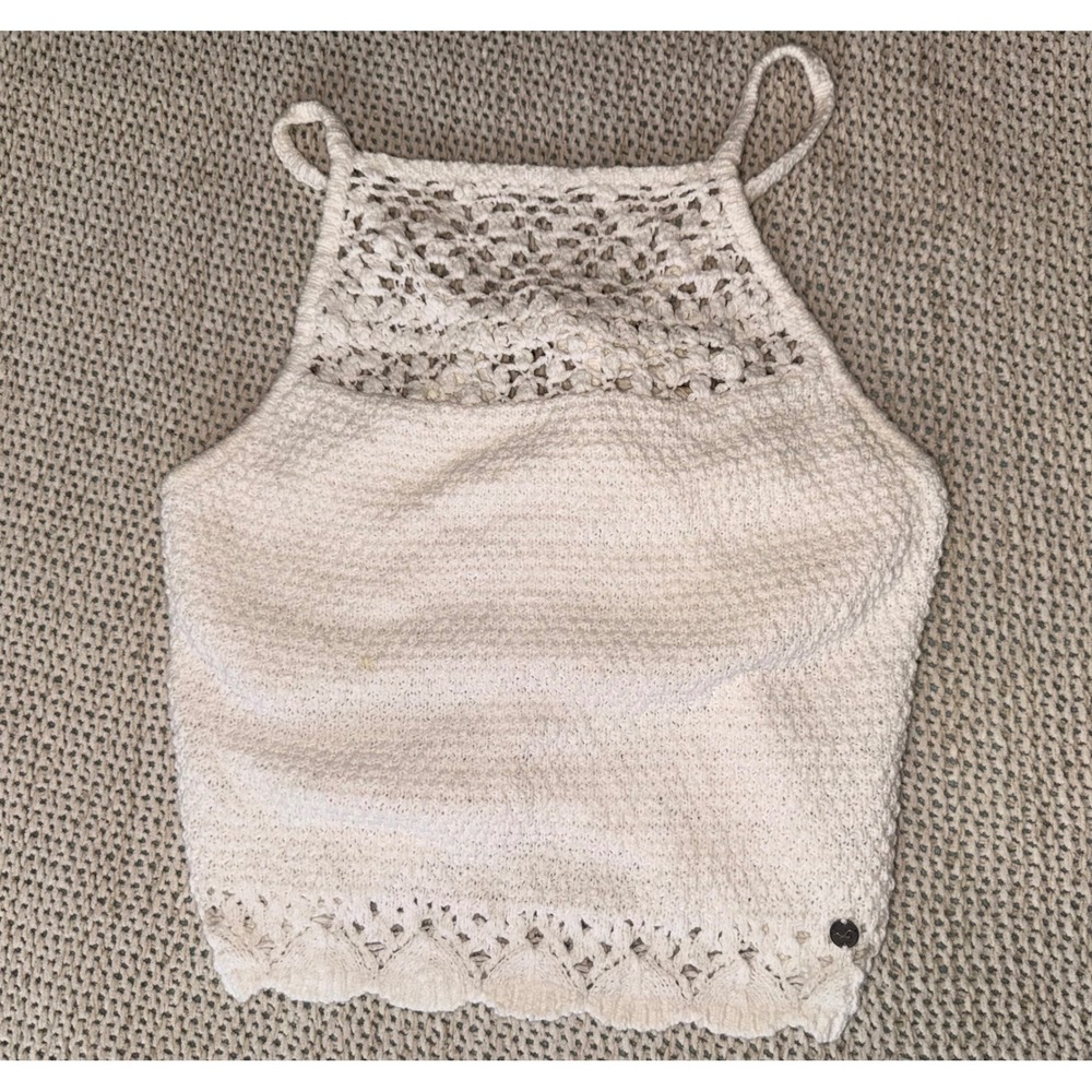 Hollister Cream Crochet Knit Halter Top Medium Strappy Back Built-in Bra EUC